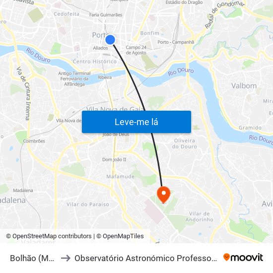 Bolhão (Mercado) to Observatório Astronómico Professor Manuel de Barros map