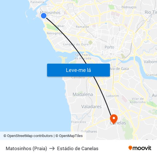 Matosinhos (Praia) to Estádio de Canelas map