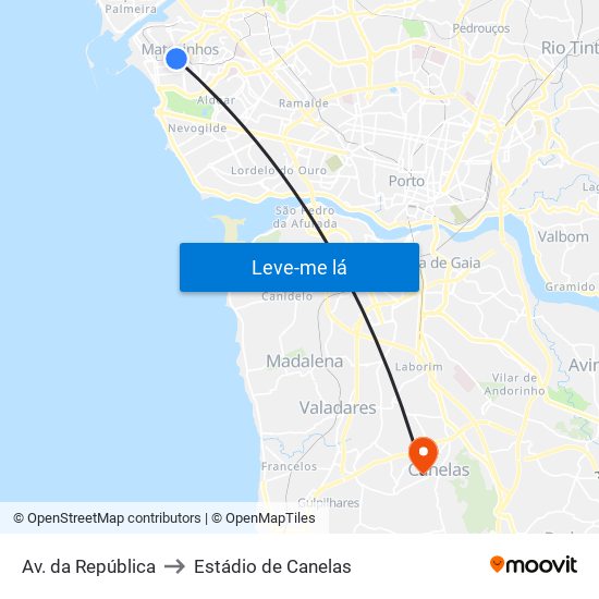Av. da República to Estádio de Canelas map