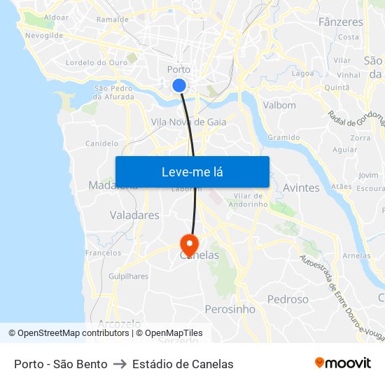 Porto - São Bento to Estádio de Canelas map