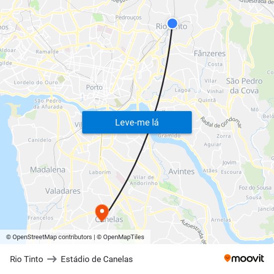 Rio Tinto to Estádio de Canelas map
