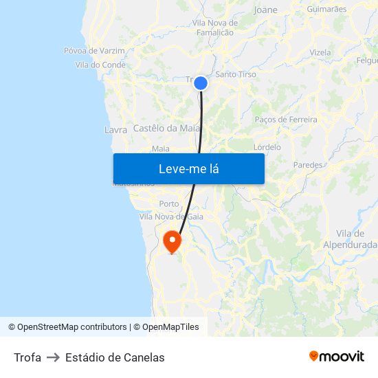 Trofa to Estádio de Canelas map