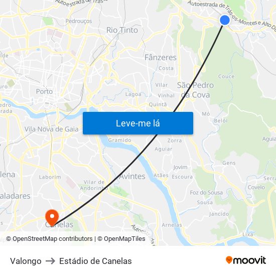 Valongo to Estádio de Canelas map