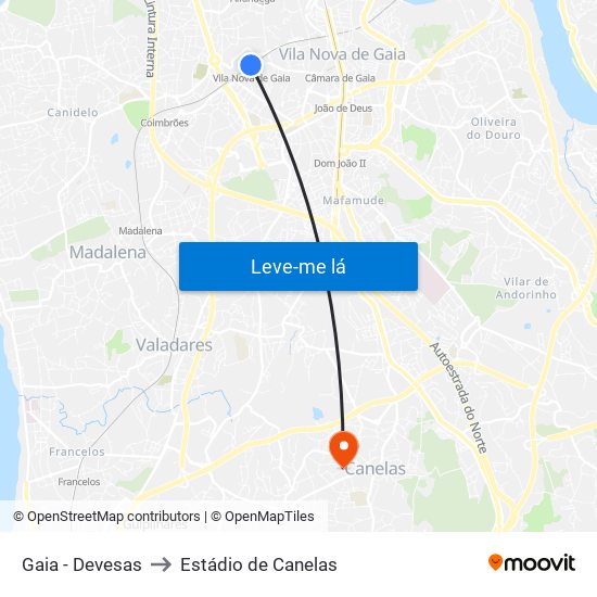Gaia - Devesas to Estádio de Canelas map