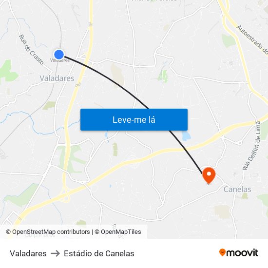 Valadares to Estádio de Canelas map