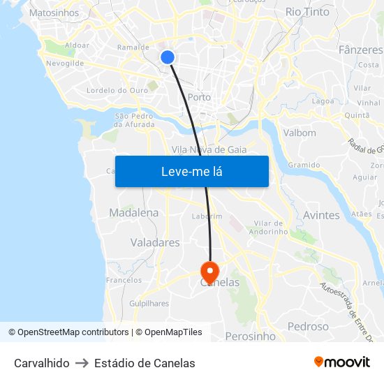 Carvalhido to Estádio de Canelas map