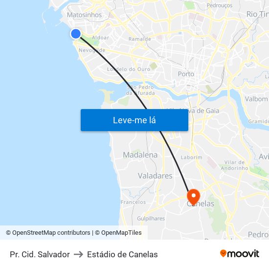 Pr. Cid. Salvador to Estádio de Canelas map