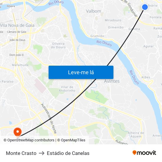 Monte Crasto to Estádio de Canelas map