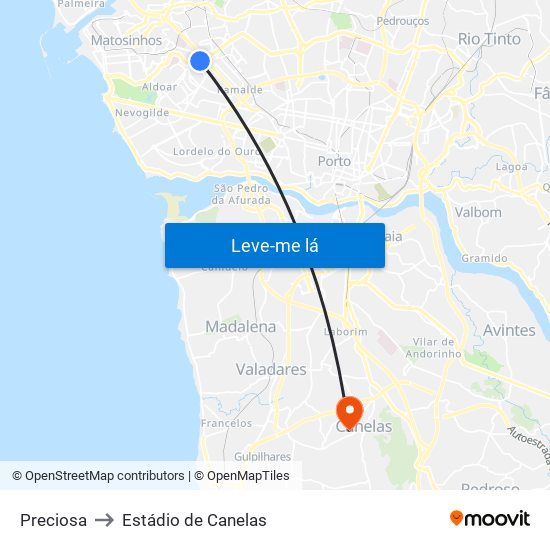 Preciosa to Estádio de Canelas map