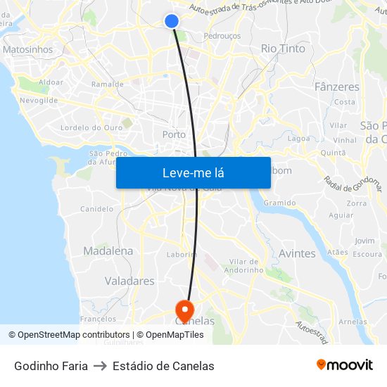 Godinho Faria to Estádio de Canelas map