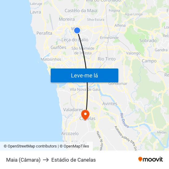 Maia (Câmara) to Estádio de Canelas map