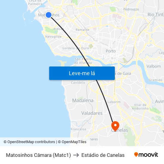 Matosinhos Câmara (Matc1) to Estádio de Canelas map