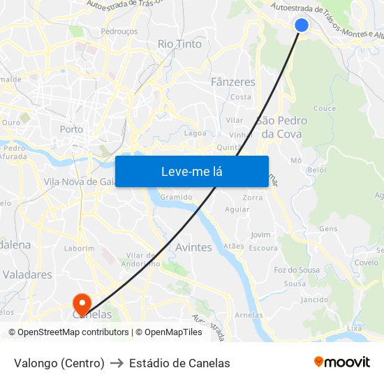 Valongo (Centro) to Estádio de Canelas map