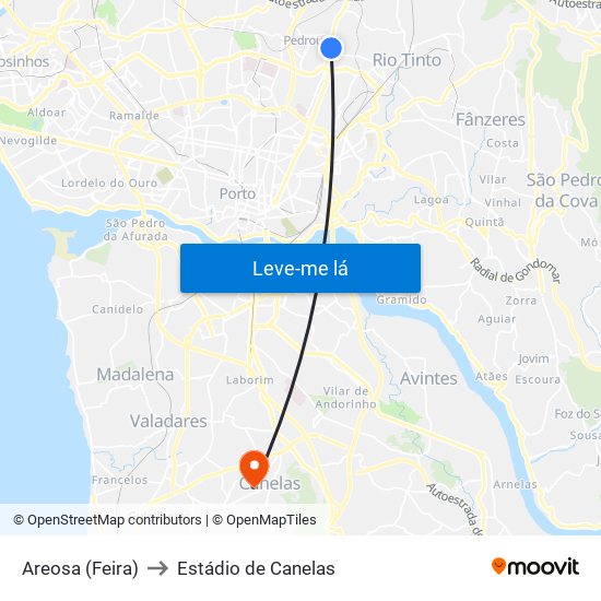 Areosa (Feira) to Estádio de Canelas map