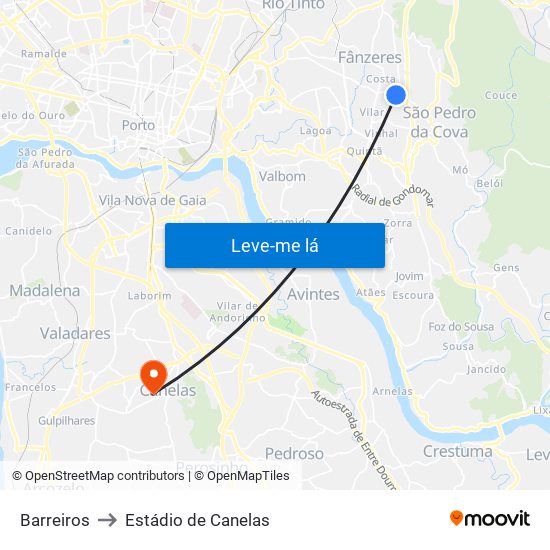 Barreiros to Estádio de Canelas map