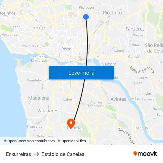 Enxurreiras to Estádio de Canelas map