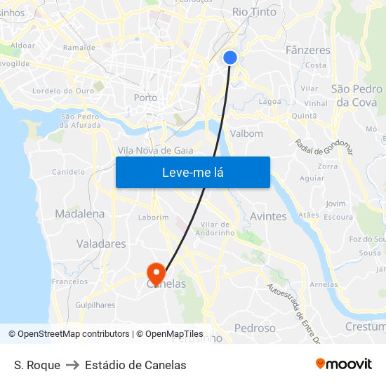 S. Roque to Estádio de Canelas map