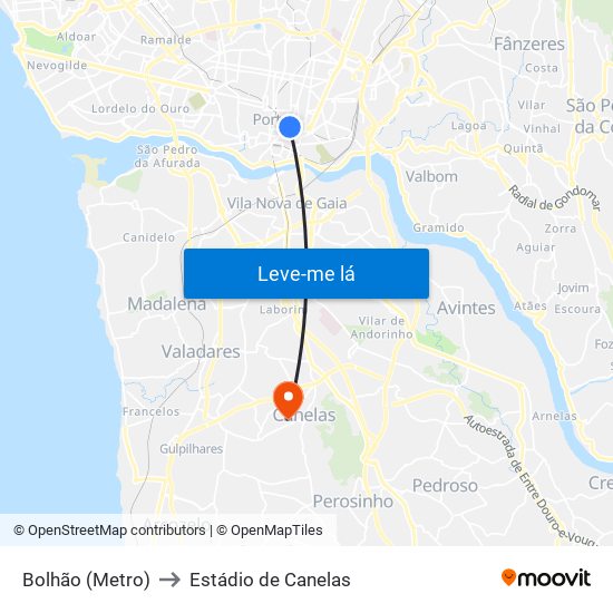 Bolhão (Metro) to Estádio de Canelas map