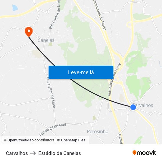 Carvalhos to Estádio de Canelas map