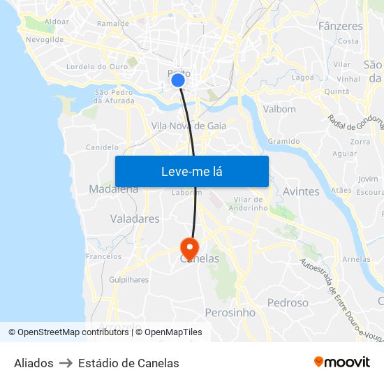 Aliados to Estádio de Canelas map