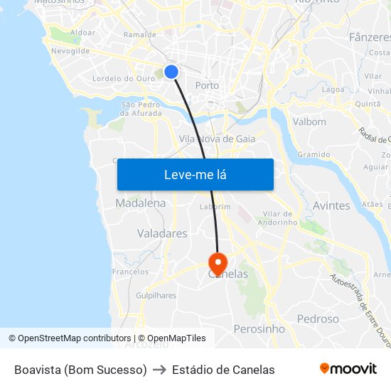Boavista (Bom Sucesso) to Estádio de Canelas map