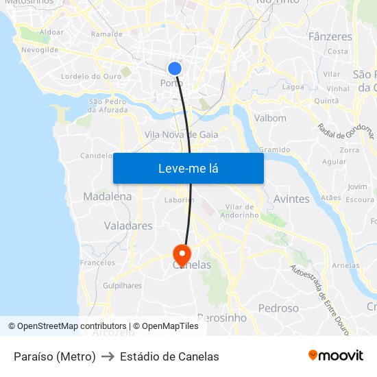Paraíso (Metro) to Estádio de Canelas map