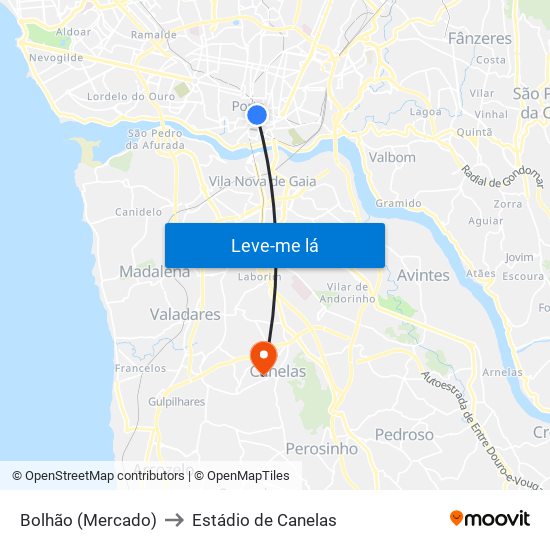 Bolhão (Mercado) to Estádio de Canelas map