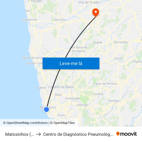 Matosinhos (Praia) to Centro de Diagnóstico Pneumológico de Braga map