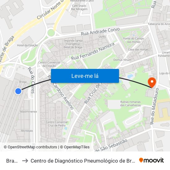 Braga to Centro de Diagnóstico Pneumológico de Braga map
