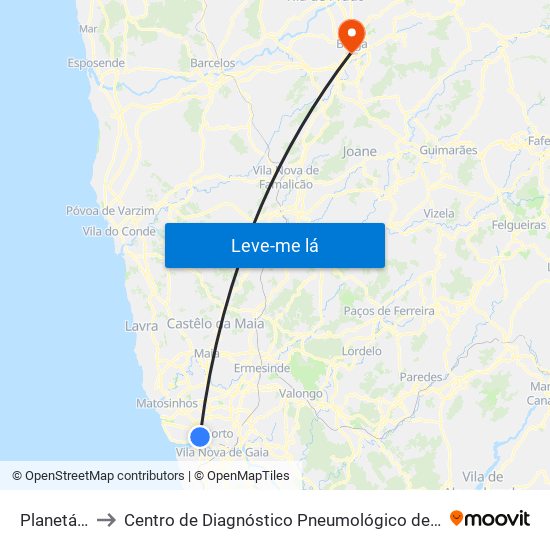 Planetário to Centro de Diagnóstico Pneumológico de Braga map