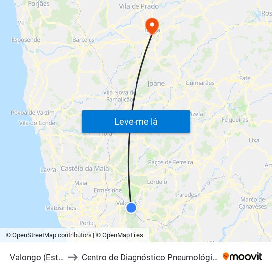 Valongo (Estação) to Centro de Diagnóstico Pneumológico de Braga map