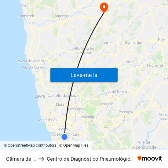 Câmara de Gaia to Centro de Diagnóstico Pneumológico de Braga map