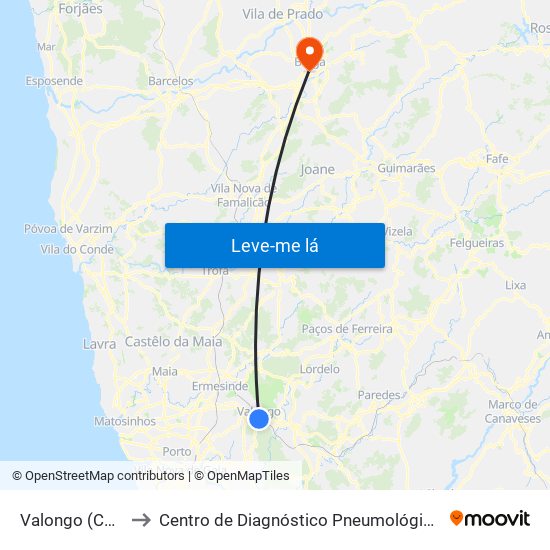 Valongo (Centro) to Centro de Diagnóstico Pneumológico de Braga map
