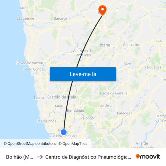Bolhão (Metro) to Centro de Diagnóstico Pneumológico de Braga map
