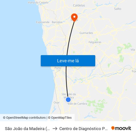 São João da Madeira (Terminal Rodoviário) to Centro de Diagnóstico Pneumológico de Braga map