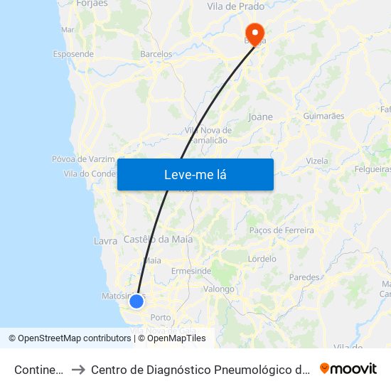 Continente to Centro de Diagnóstico Pneumológico de Braga map