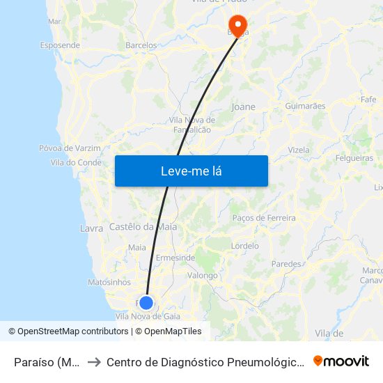 Paraíso (Metro) to Centro de Diagnóstico Pneumológico de Braga map