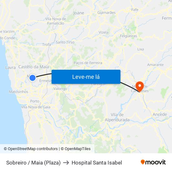Sobreiro / Maia (Plaza) to Hospital Santa Isabel map