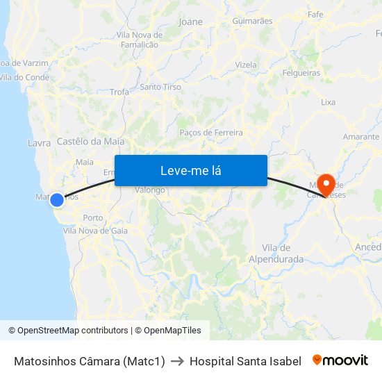 Matosinhos Câmara (Matc1) to Hospital Santa Isabel map