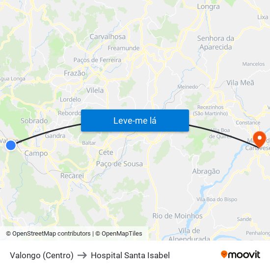 Valongo (Centro) to Hospital Santa Isabel map