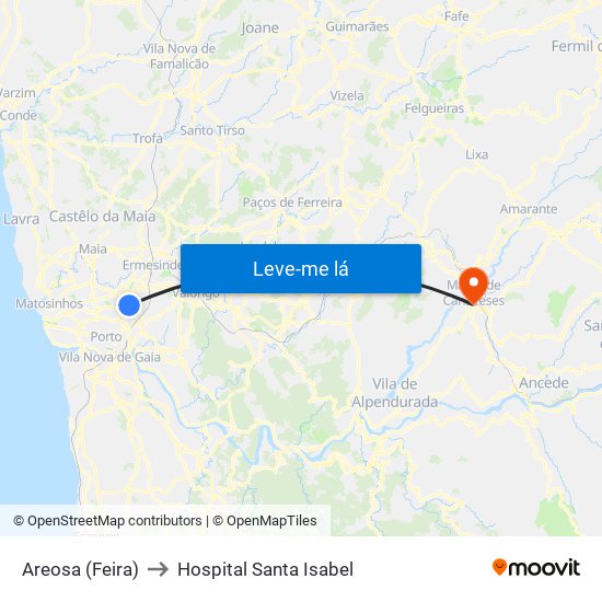 Areosa (Feira) to Hospital Santa Isabel map