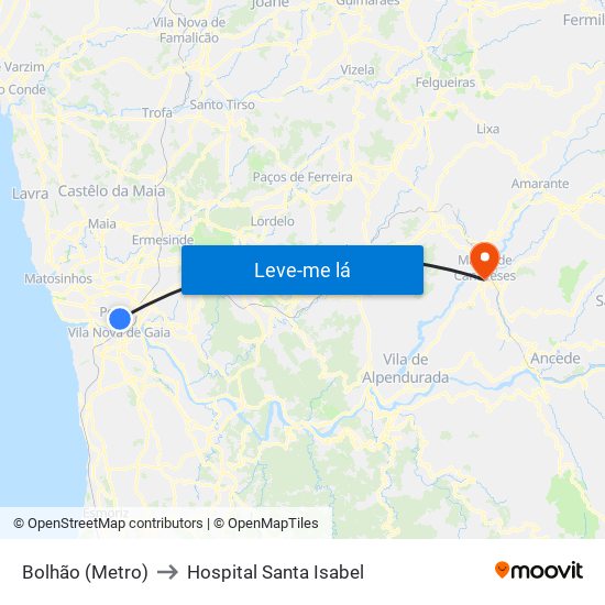 Bolhão (Metro) to Hospital Santa Isabel map