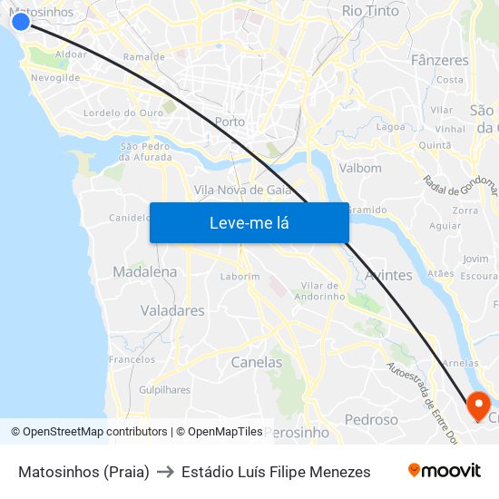 Matosinhos (Praia) to Estádio Luís Filipe Menezes map