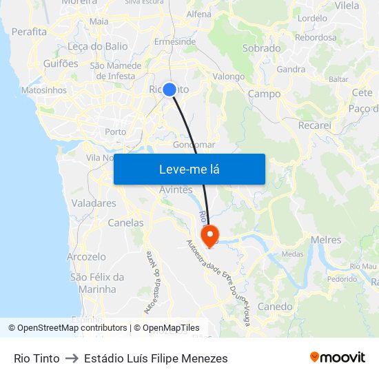 Rio Tinto to Estádio Luís Filipe Menezes map