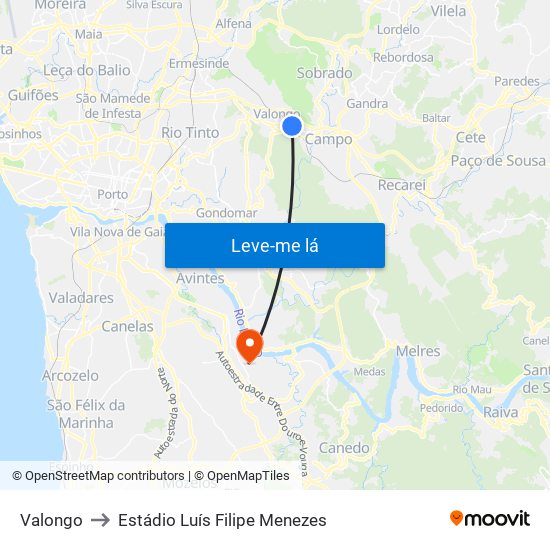 Valongo to Estádio Luís Filipe Menezes map