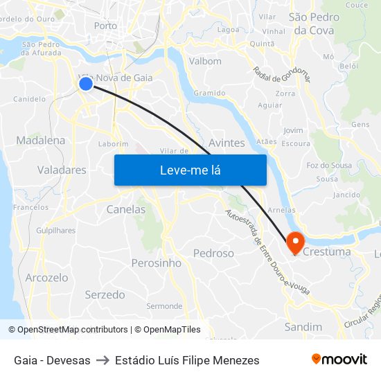 Gaia - Devesas to Estádio Luís Filipe Menezes map