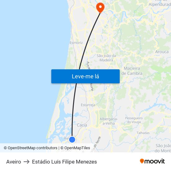 Aveiro to Estádio Luís Filipe Menezes map