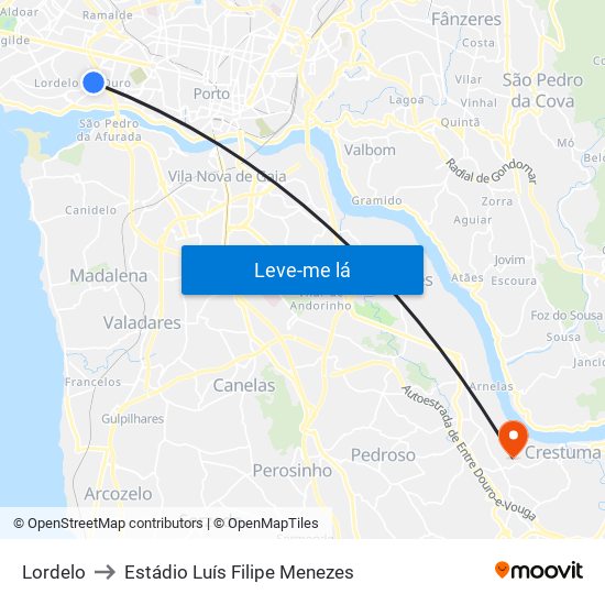 Lordelo to Estádio Luís Filipe Menezes map