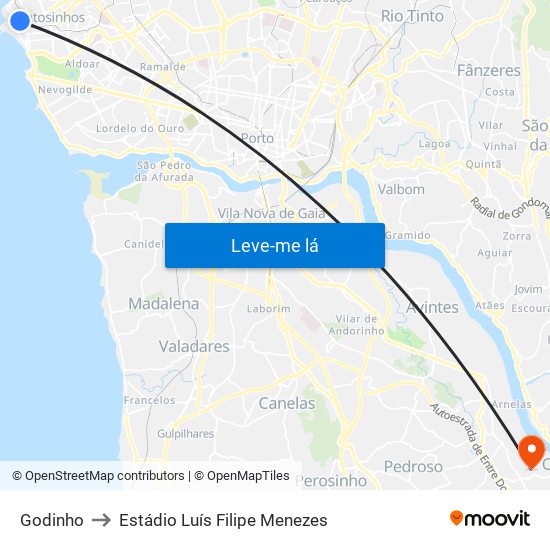 Godinho to Estádio Luís Filipe Menezes map