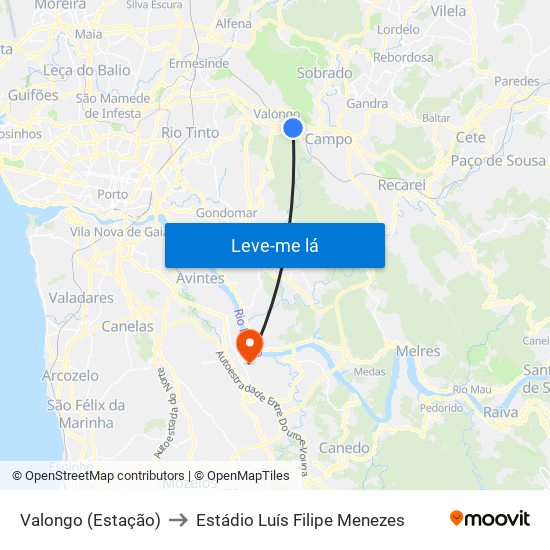 Valongo (Estação) to Estádio Luís Filipe Menezes map